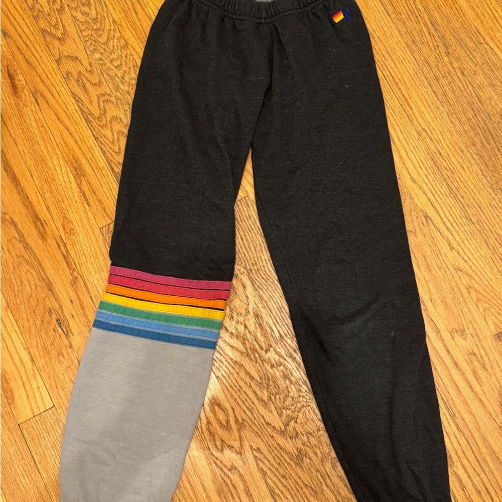 Aviator Nation Black and Gray Joggers with Rainbow Stripes